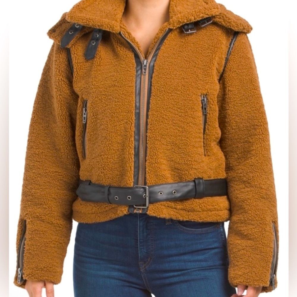 Blank NYC Sherpa Moto Jacket W/ Removable Hood & Belt Brown Size Small NWT